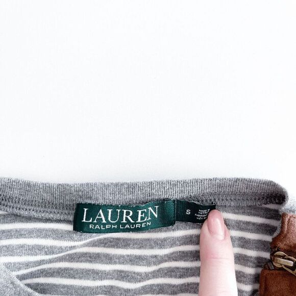 Lauren Ralph Lauren Women's Sweater Striped Faux Suede Elbow Patch Gray White Sm - Picture 3 of 8